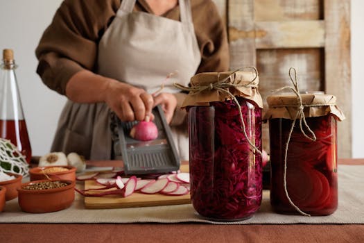 Woman preparing pickled radishes in a rustic kitchen. Ideal for culinary and DIY themes.