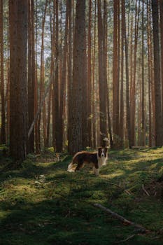 A Border Collie standing in a serene, sunlit forest with tall trees and a green mossy floor.