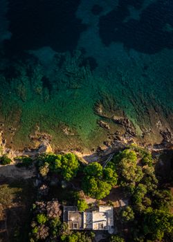 Stunning aerial view of Nikiti's coastline with turquoise waters and lush greenery.