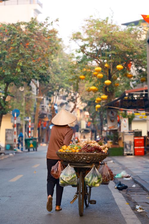 Free A street vendor pushes a bicycle cart filled with fruits down a vibrant street lined with lanterns. Stock Photo