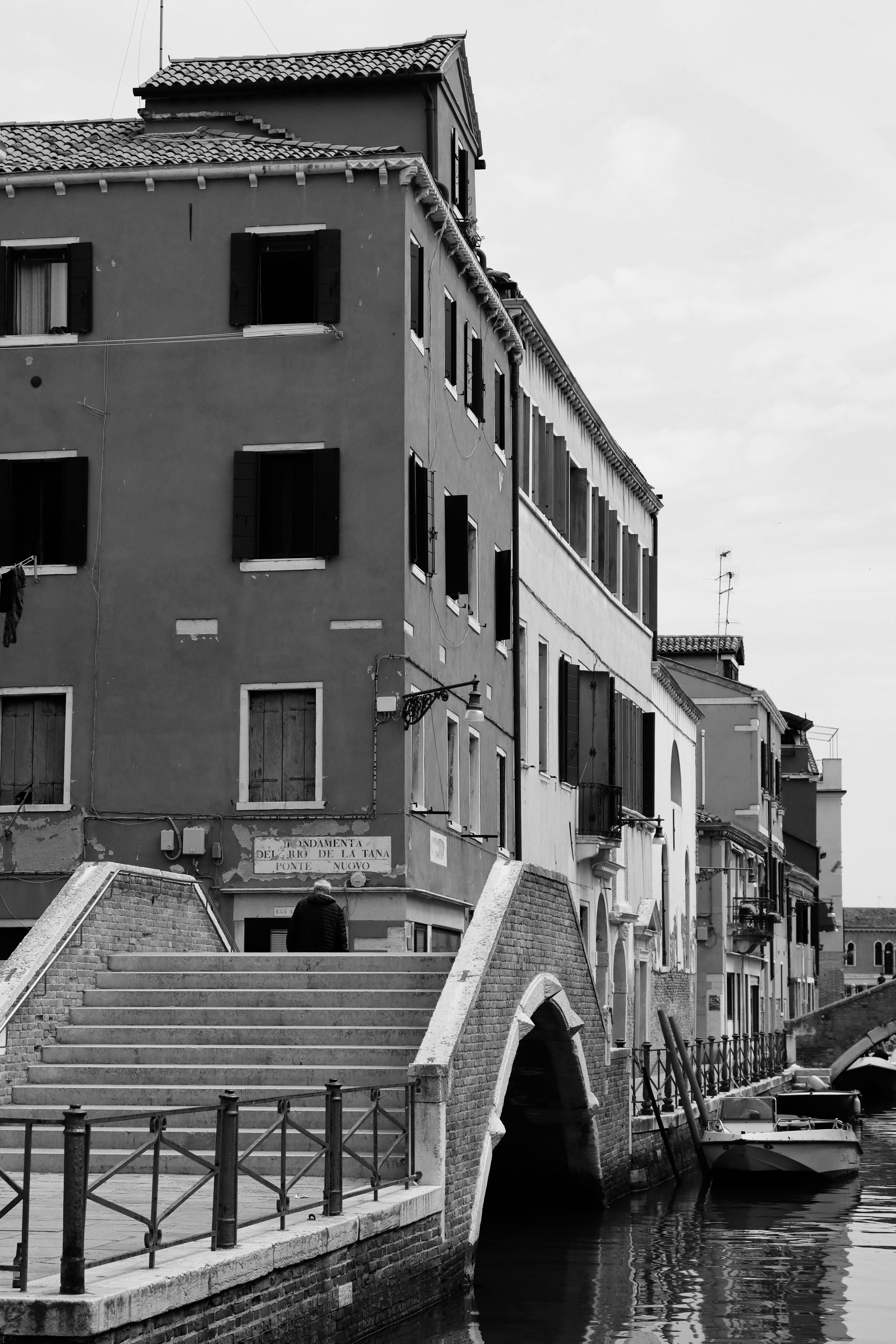 black and white venice canal architecture