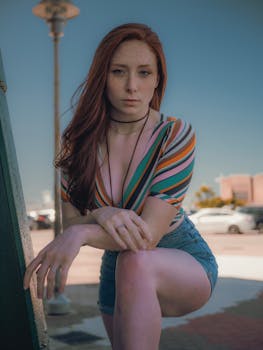 A fashionable woman poses outdoors in a striped top and shorts, embracing summer style.