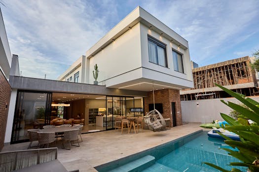 A contemporary luxury home with a pool and outdoor seating, showcasing modern architecture.