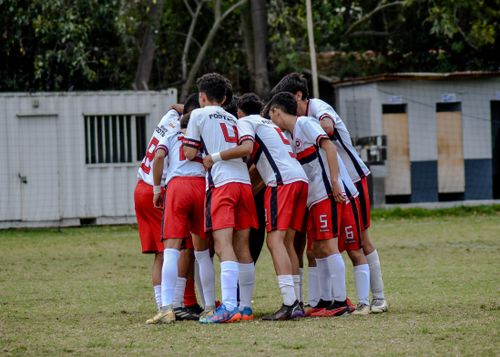 Free Young soccer players huddle on field in team uniform before game. Stock Photo