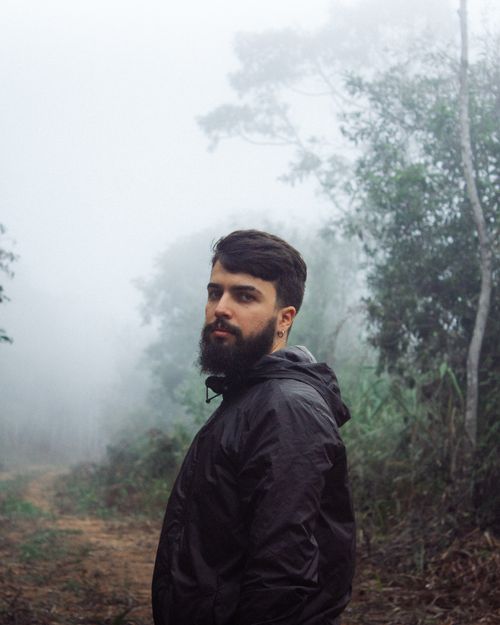 Free Portrait of a man with a beard standing in a misty forest, exuding mystery. Stock Photo