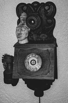 Vintage wooden wall telephone with ornate design and sculpted face, evoking nostalgia.