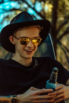 一名戴着太阳镜和帽子的年轻人，在户外喝着饮料，沐浴着阳光，微笑放松