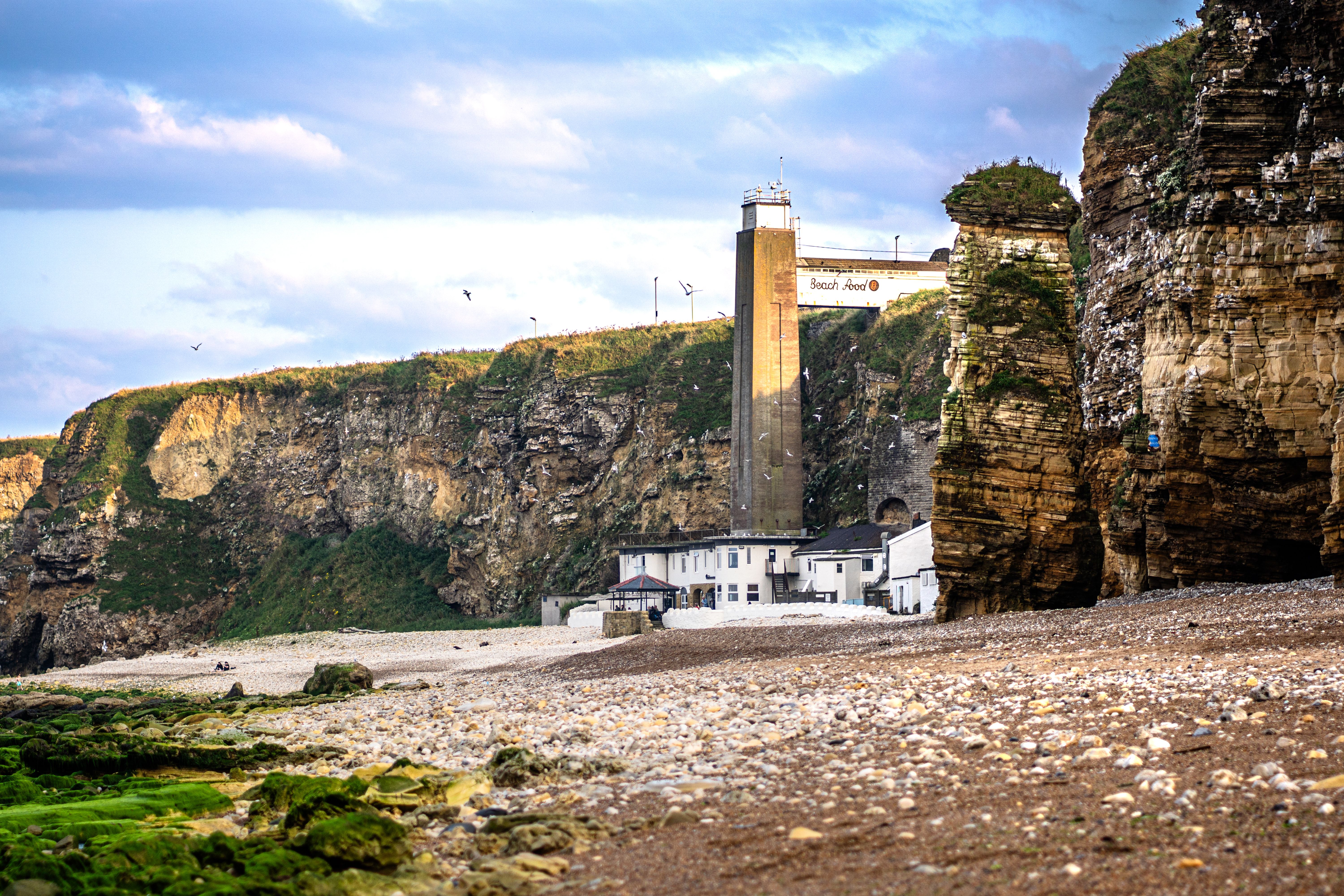 Stunning view of Tynemouth's lighthouse and rocky cliffs during golden hour at the beach.