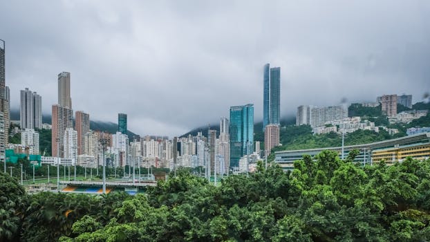 Skyline of Hong Kong with tall skyscrapers and lush greenery under a cloudy sky.