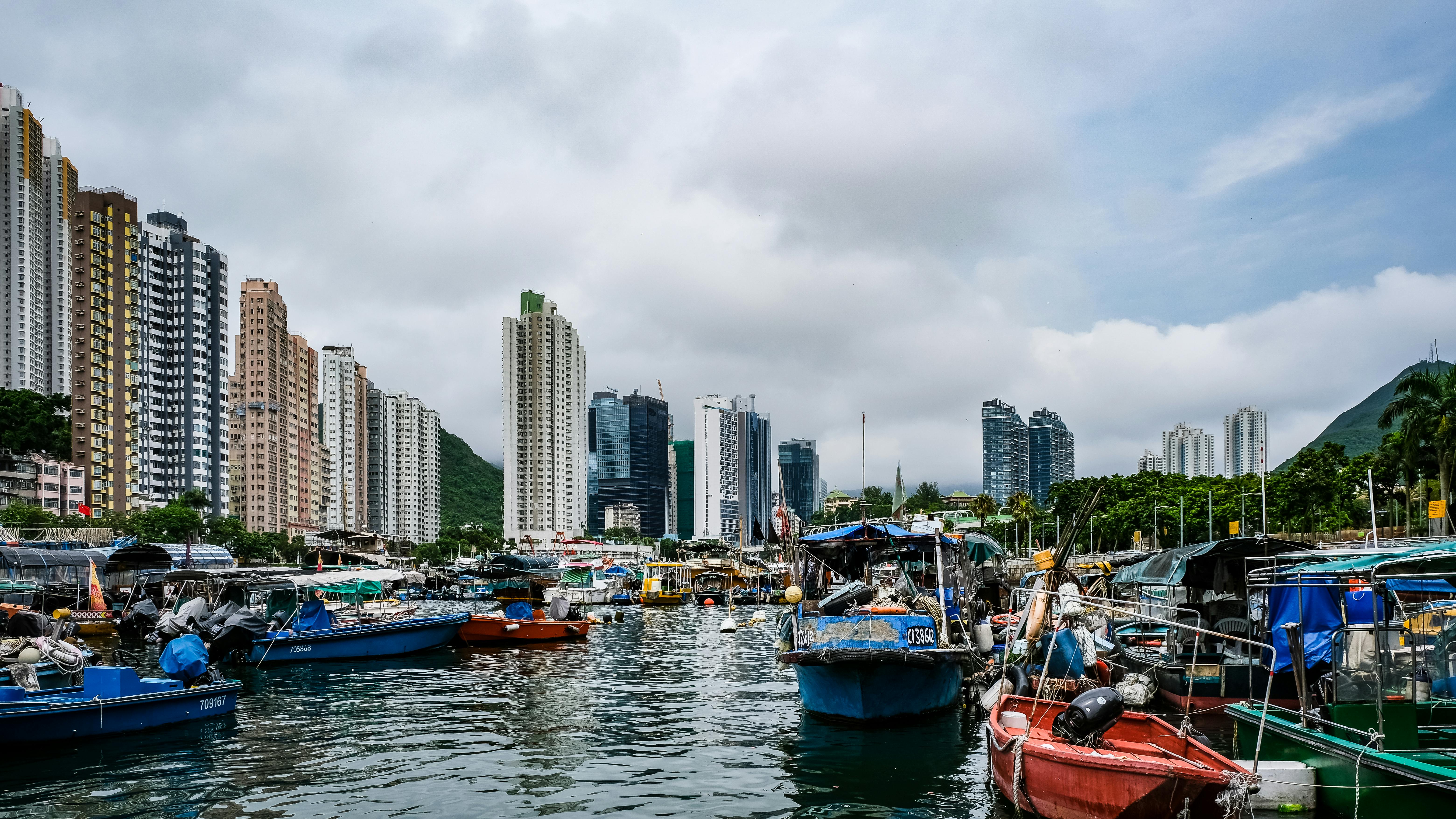 水上色彩缤纷的船只，映衬着香港天际线的动态景观