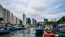 水上色彩缤纷的船只，映衬着香港天际线的动态景观