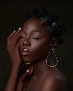 Captivating portrait of a woman with elegant bun hairstyles and artistic earrings.