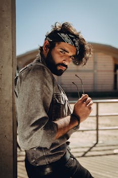 一位留着胡须的时尚男子自信地戴着墨镜，在户外摆姿势