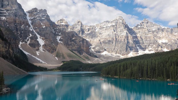 A breathtaking view of Moraine Lake in Banff National Park with majestic Rocky Mountains reflecting in turquoise waters.