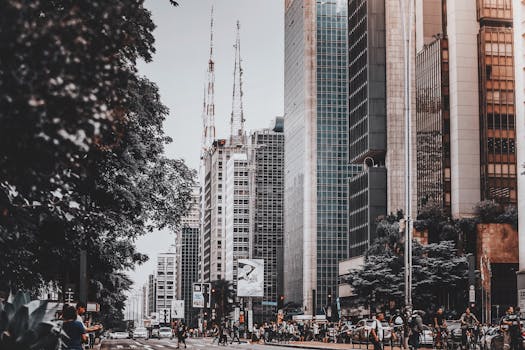 Dynamic urban scene capturing skyscrapers and bustling city life in Campinas, Brazil.