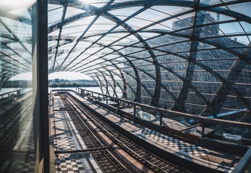 Free A stunning view of the modern Elbbrücken train station in Hamburg with its iconic glass roof. Stock Photo