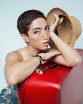 Portrait of a young woman posing with a red suitcase and straw hat.