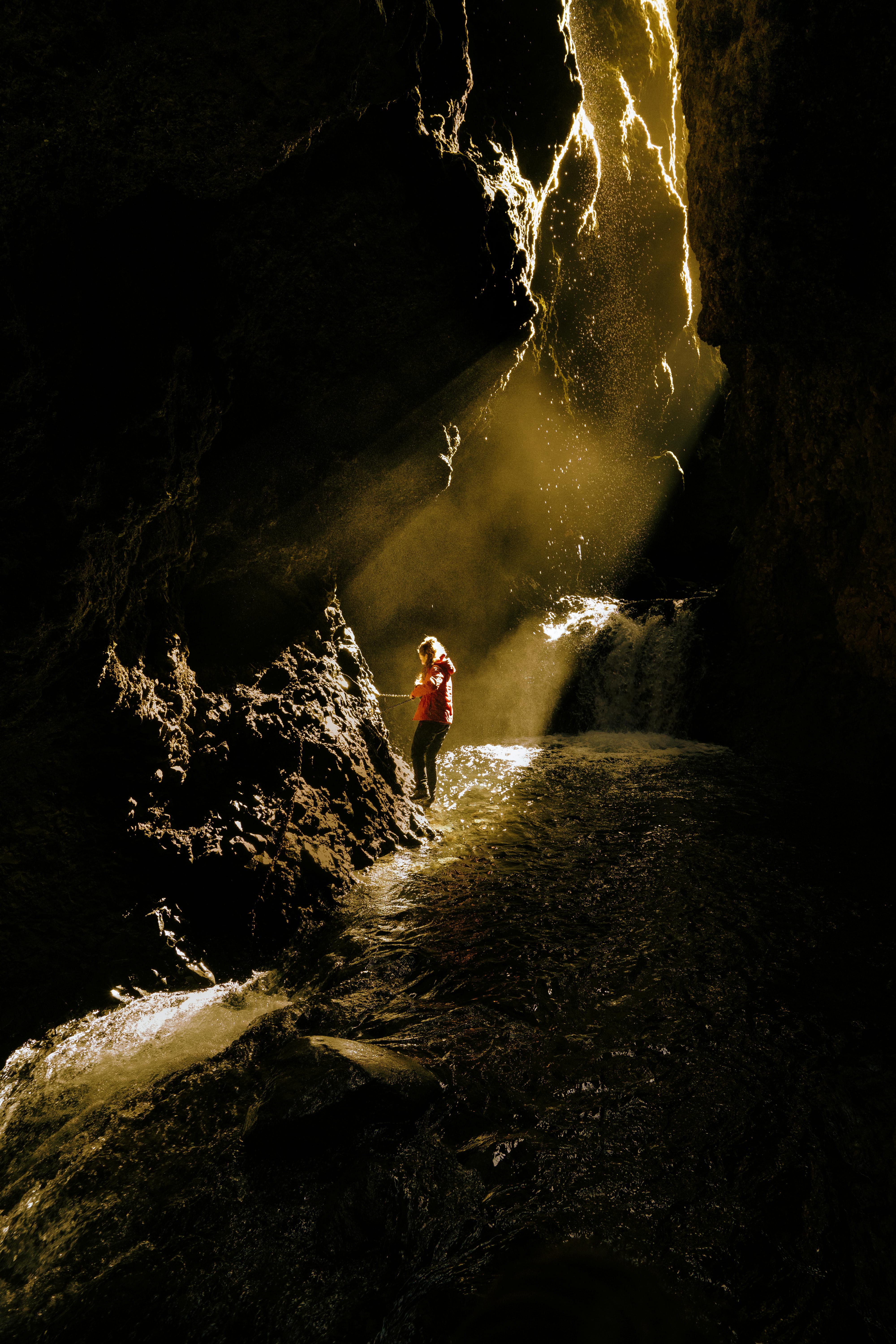 Dramatic Cave Exploration with Light Beam