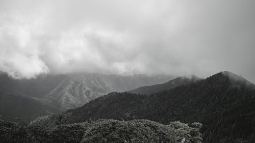 Black and White Photo of Mountain with Fog