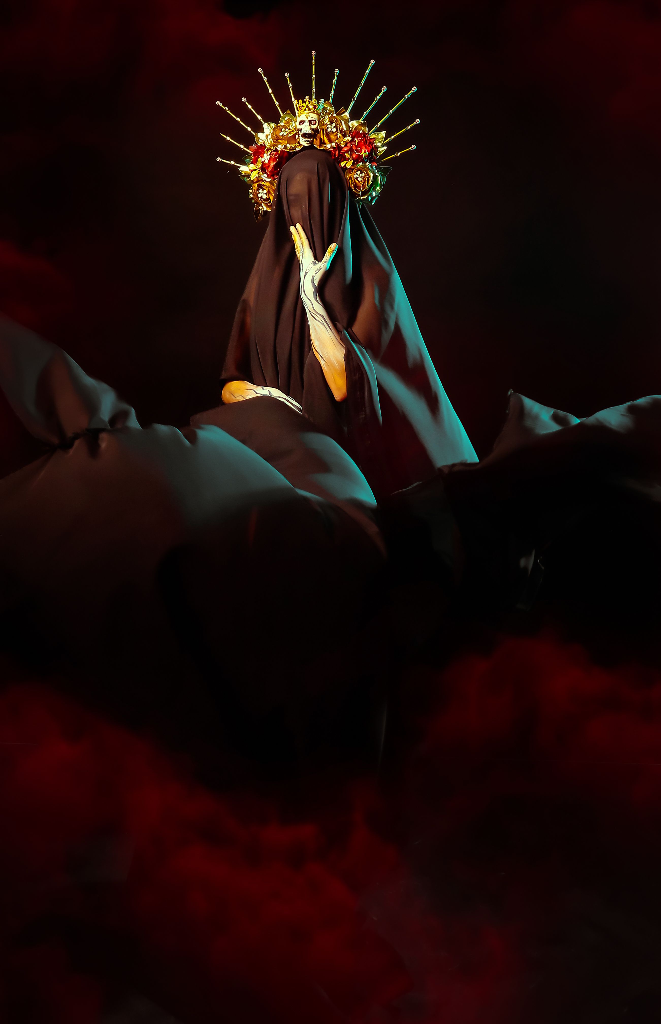 Intriguing veiled figure adorned with floral crown, shrouded in an enigmatic, dark ambiance.