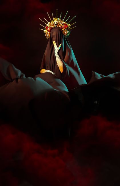 Intriguing veiled figure adorned with floral crown, shrouded in an enigmatic, dark ambiance.