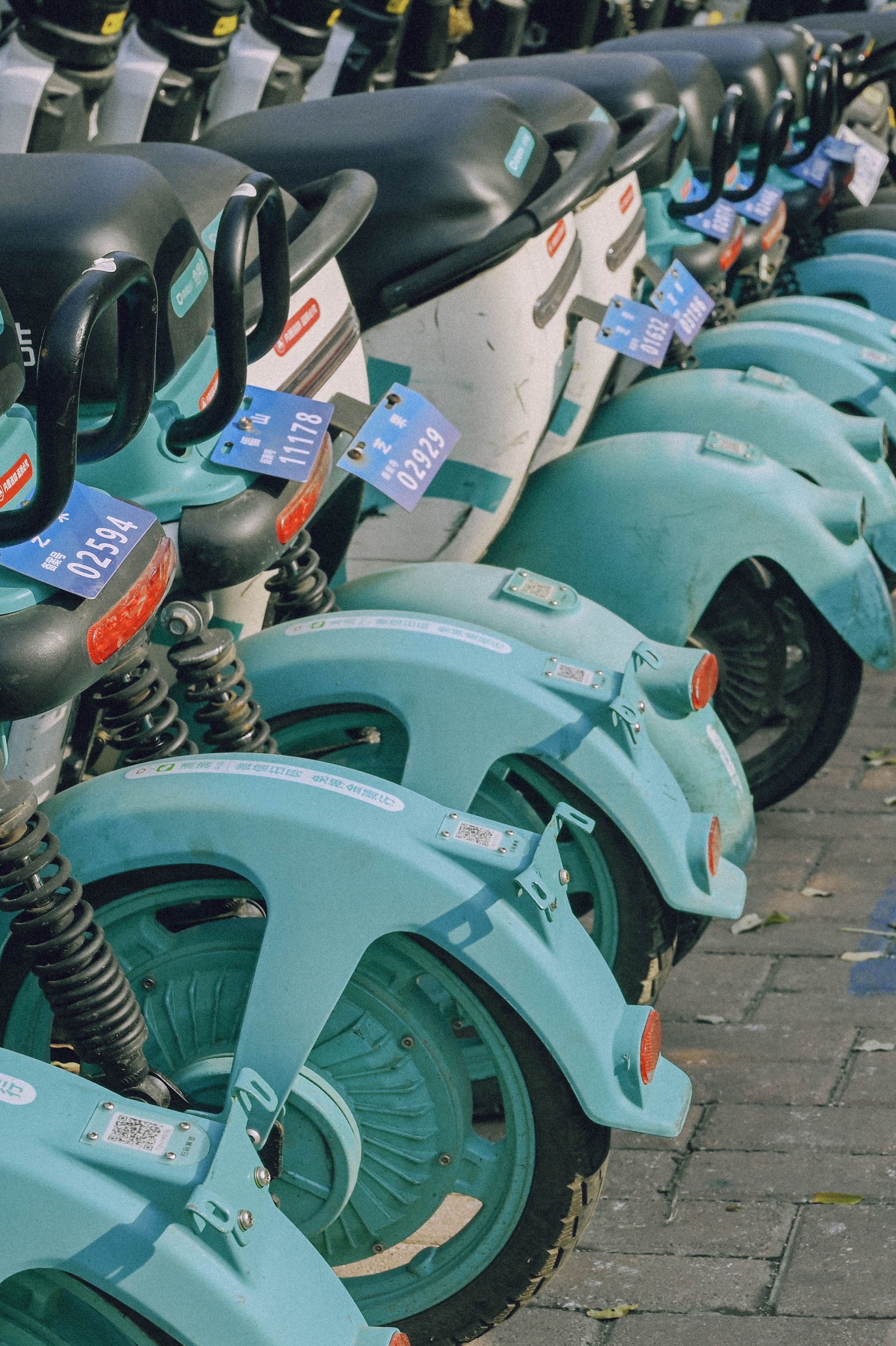 Rangée de trottinettes électriques de libre-service, debout et non pliées
