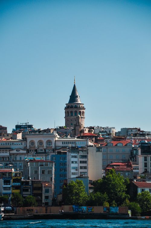 Free A scenic view of Istanbul's skyline featuring the historic Galata Tower under a clear blue sky. Stock Photo