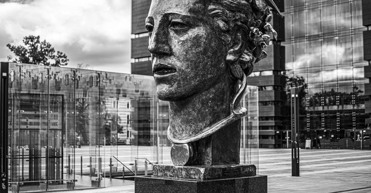 Black and white photo of Orpheus sculpture in Wrocław, Poland.