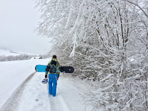 Darmowe zdjęcie z galerii z chłopak, deska snowboardowa, drzewa