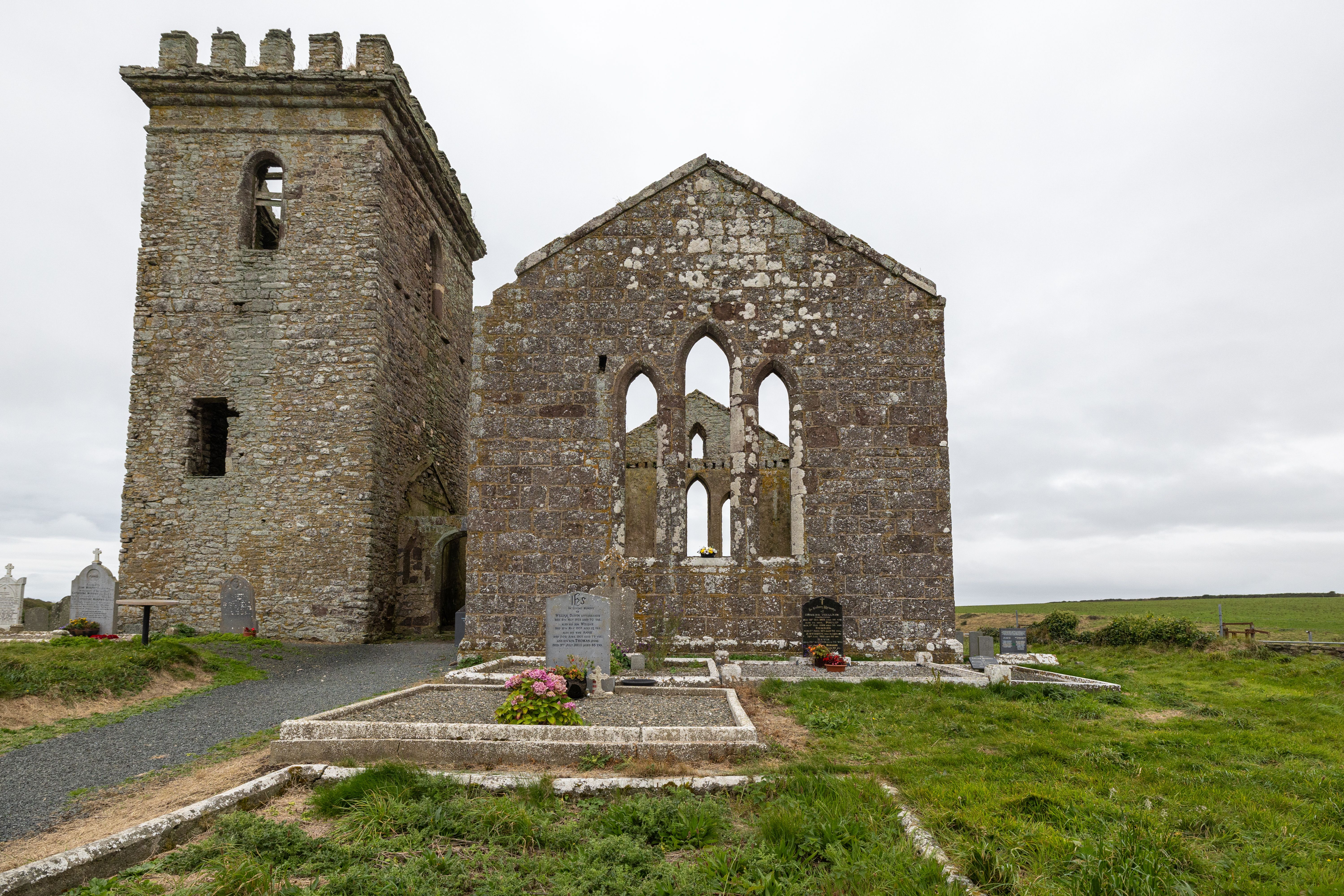 Ancient church ruins in Wexford, Ireland, showcasing medieval architecture.
