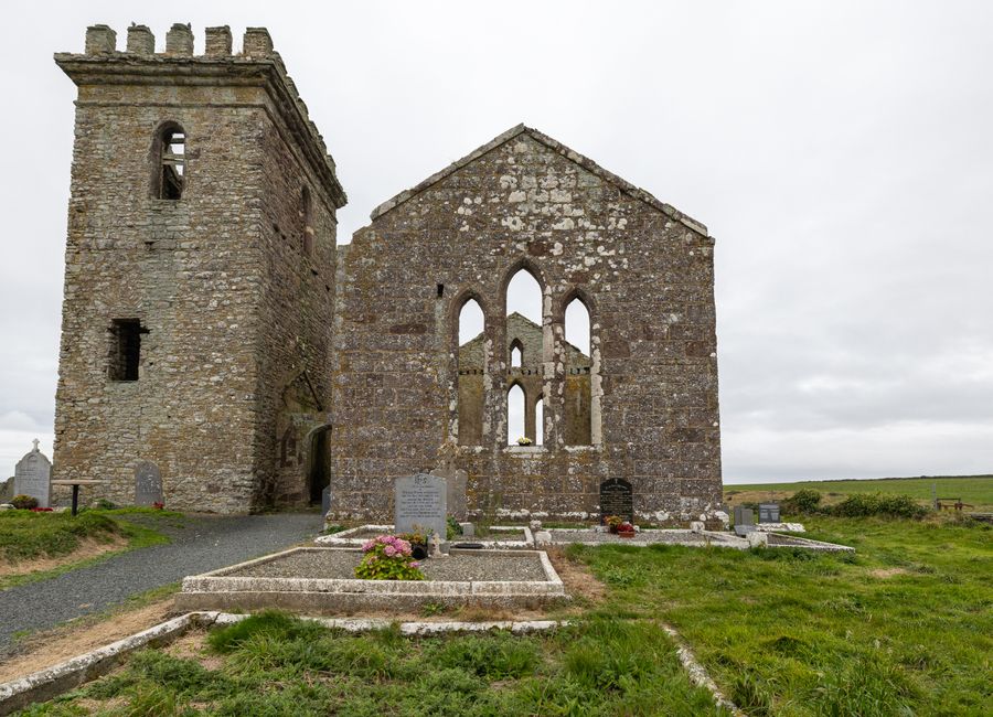Ancient church ruins in Wexford, Ireland, showcasing medieval architecture.