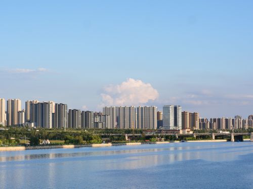 Free Panoramic view of modern city skyline with high-rise buildings reflecting on a calm river under a clear blue sky. Stock Photo