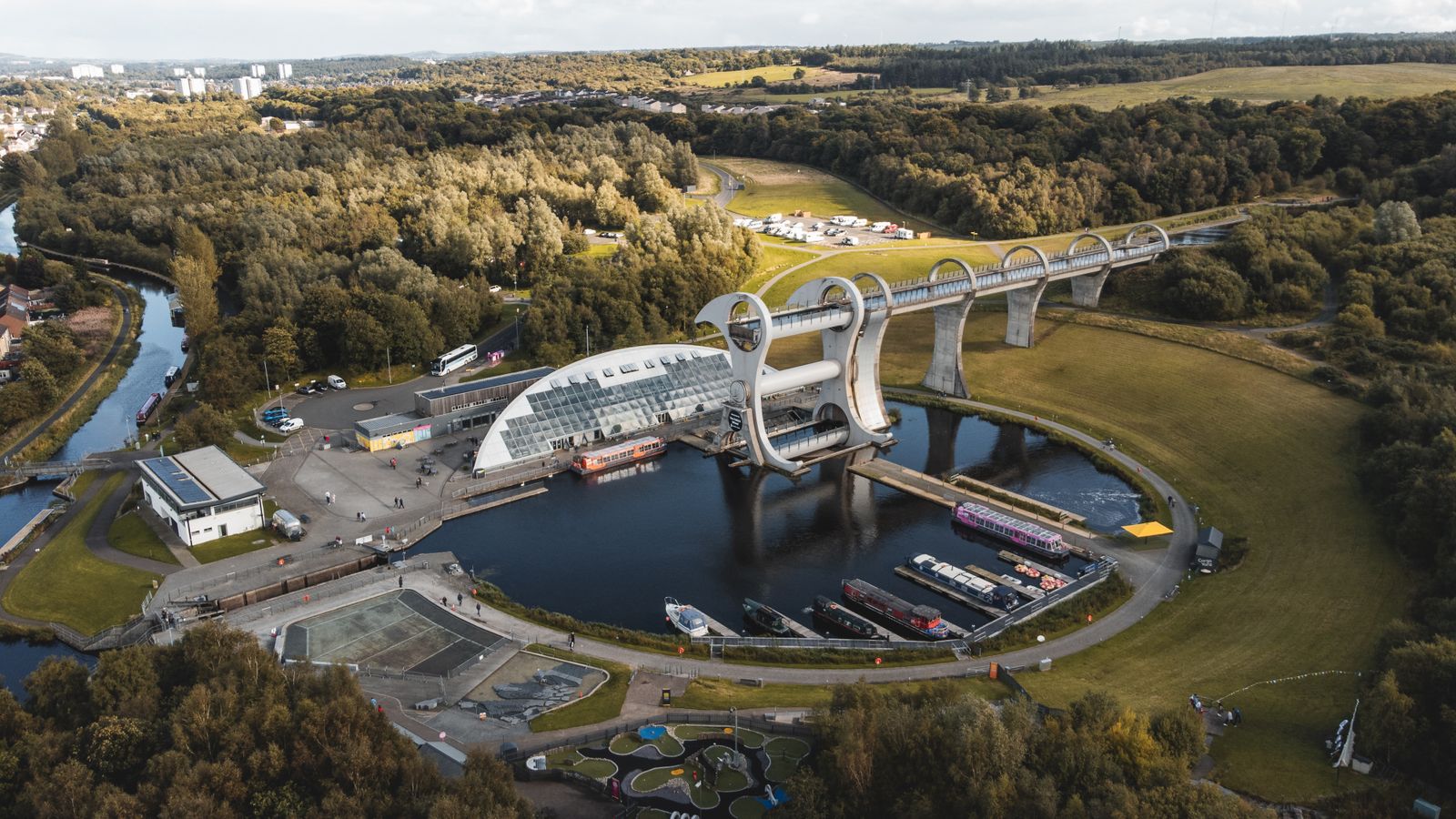Aerial view of the Falkirk Wheel, a modern engineering marvel in Scotland
