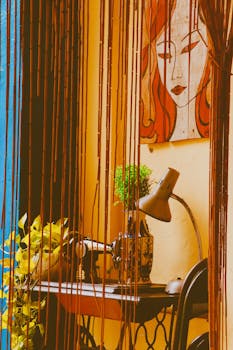 Retro styled sewing corner with vintage machine and artistic decor, perfect for creative designs.