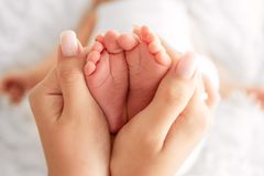 Close-up of parent gently holding a newborn baby's feet, symbolizing love and care.