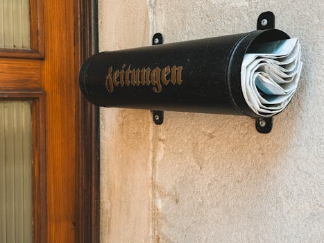 Stylish black newspaper holder on a wall in Bad Berneck, Germany, holding newspapers.