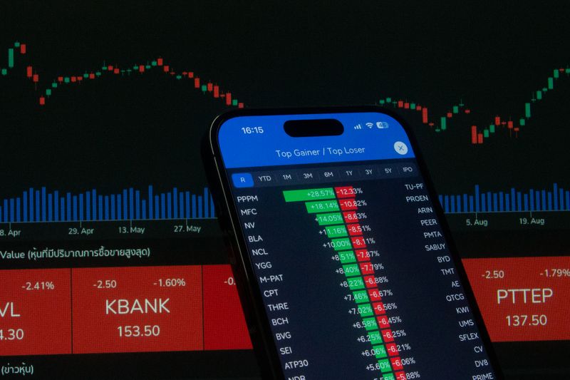 Smartphone with stock market data in front of financial chart.