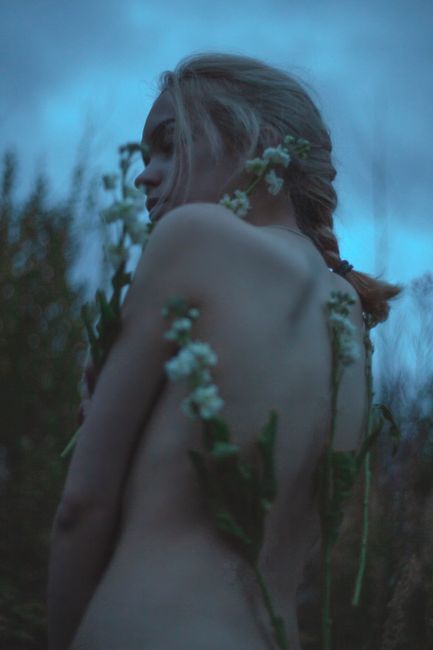 Ethereal nude portrait of a woman adorned with delicate flowers at twilight.