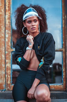 一位卷发、戴着遮阳帽的时尚女性，在窗前自信地摆着姿势