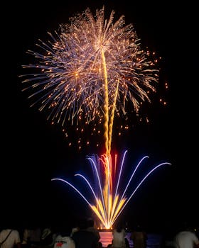 Stunning night fireworks show over Fukuoka beach, captured from a crowd's perspective.