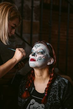 Artistic makeup for Dia de Muertos in Mexico City, highlighting traditional face painting.