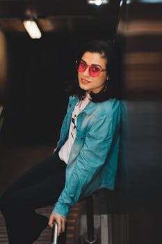 Chic woman in denim jacket and sunglasses posing casually indoors, exuding style and confidence.