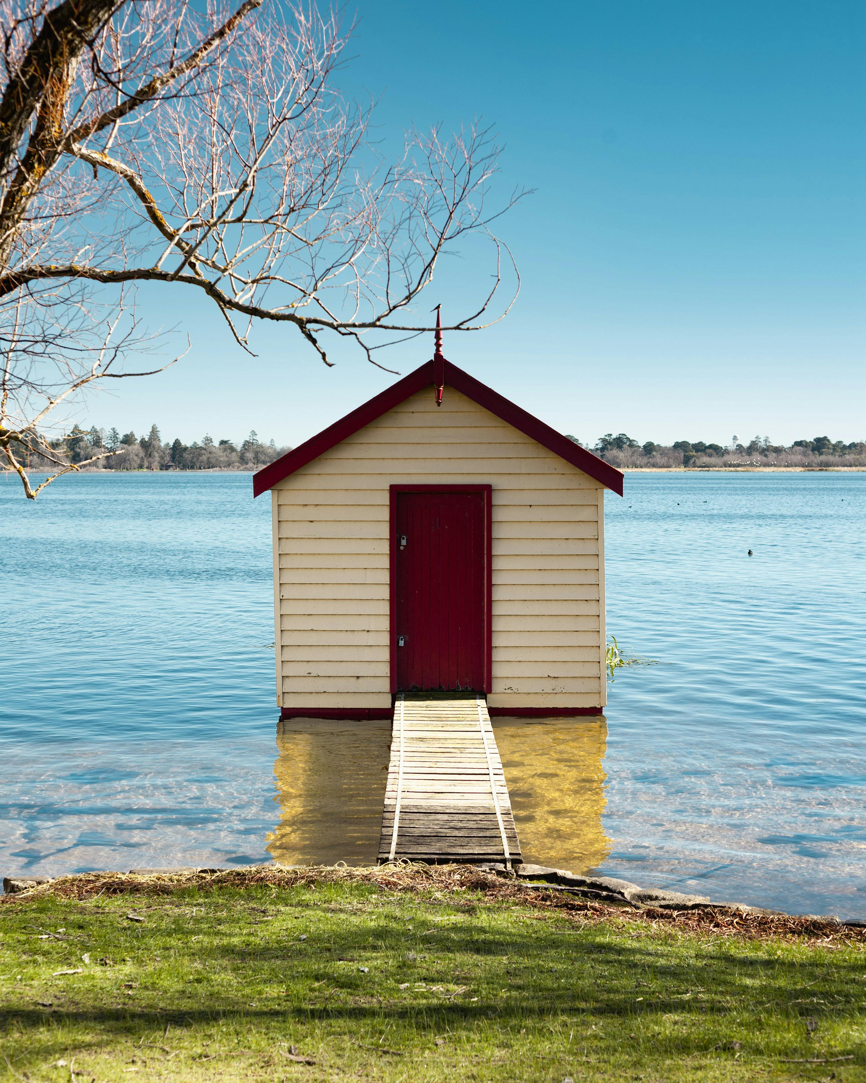 white and red shed