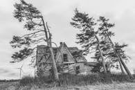 这是一张戏剧性的黑白照片，画面中是一座废弃的房子，树木摇曳，远处还有一台风力涡轮机