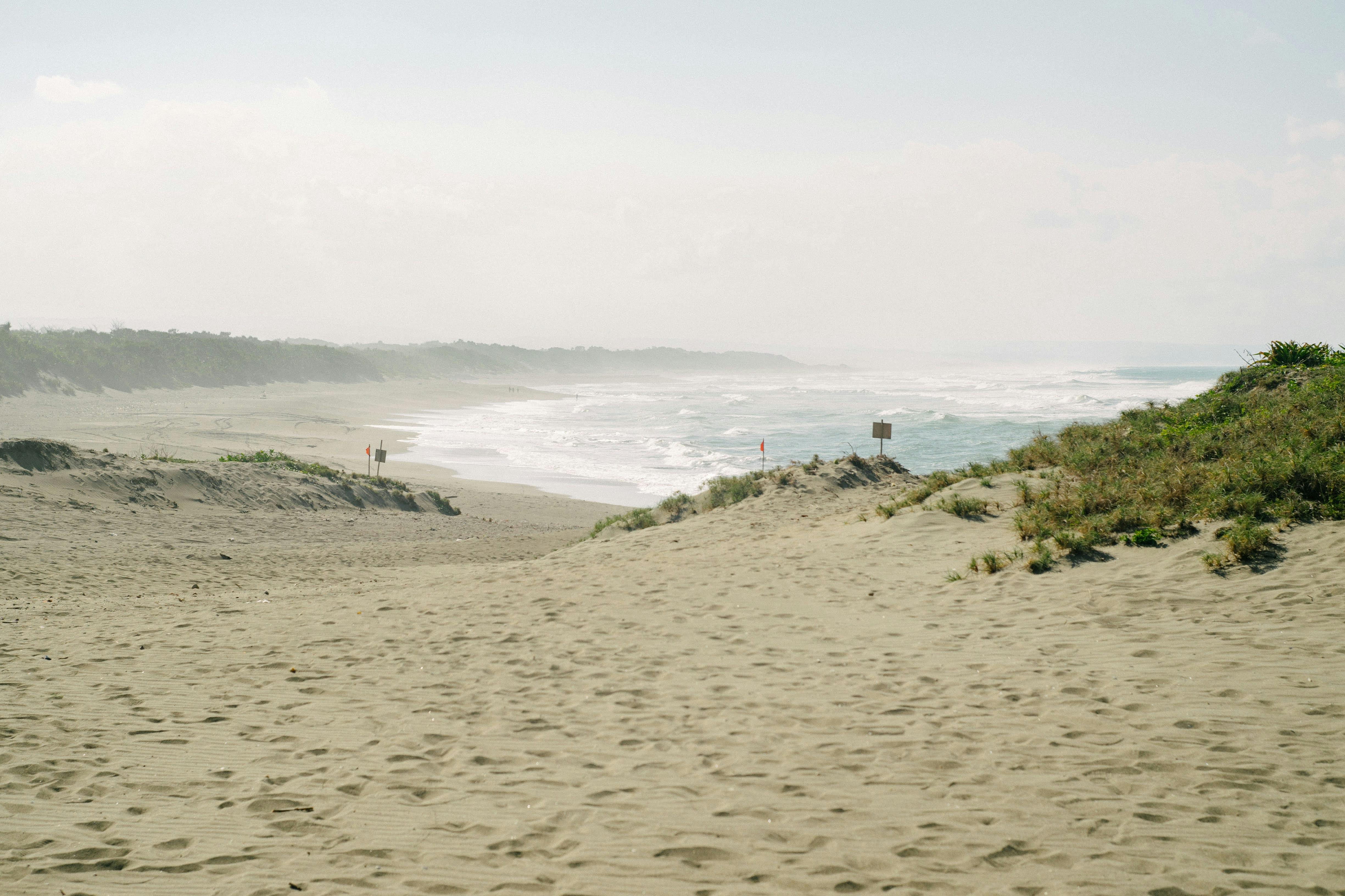 A tranquil view of a sandy beach in West Java, Indonesia with gentle waves and lush vegetation.