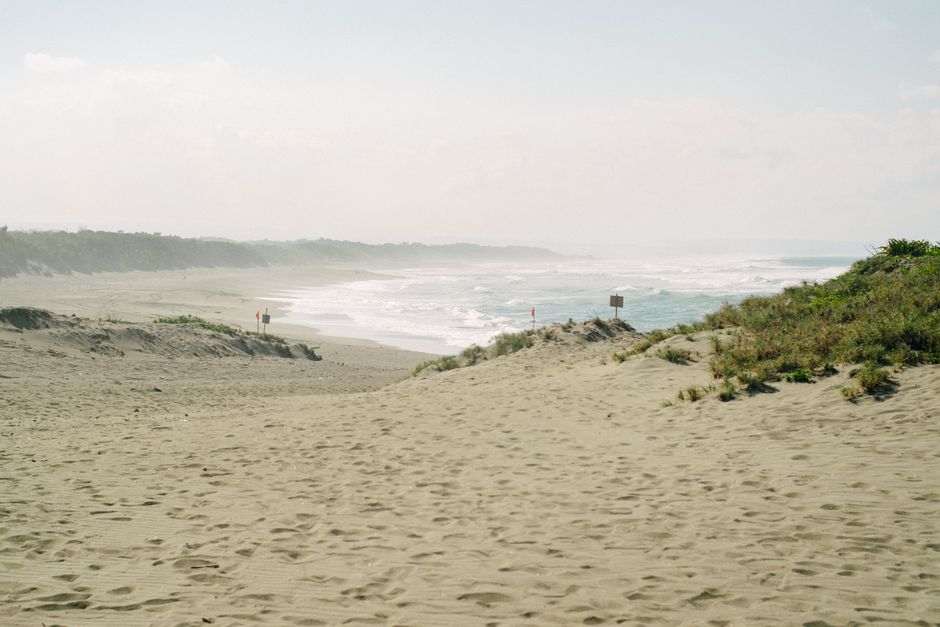 A tranquil view of a sandy beach in West Java, Indonesia with gentle waves and lush vegetation.