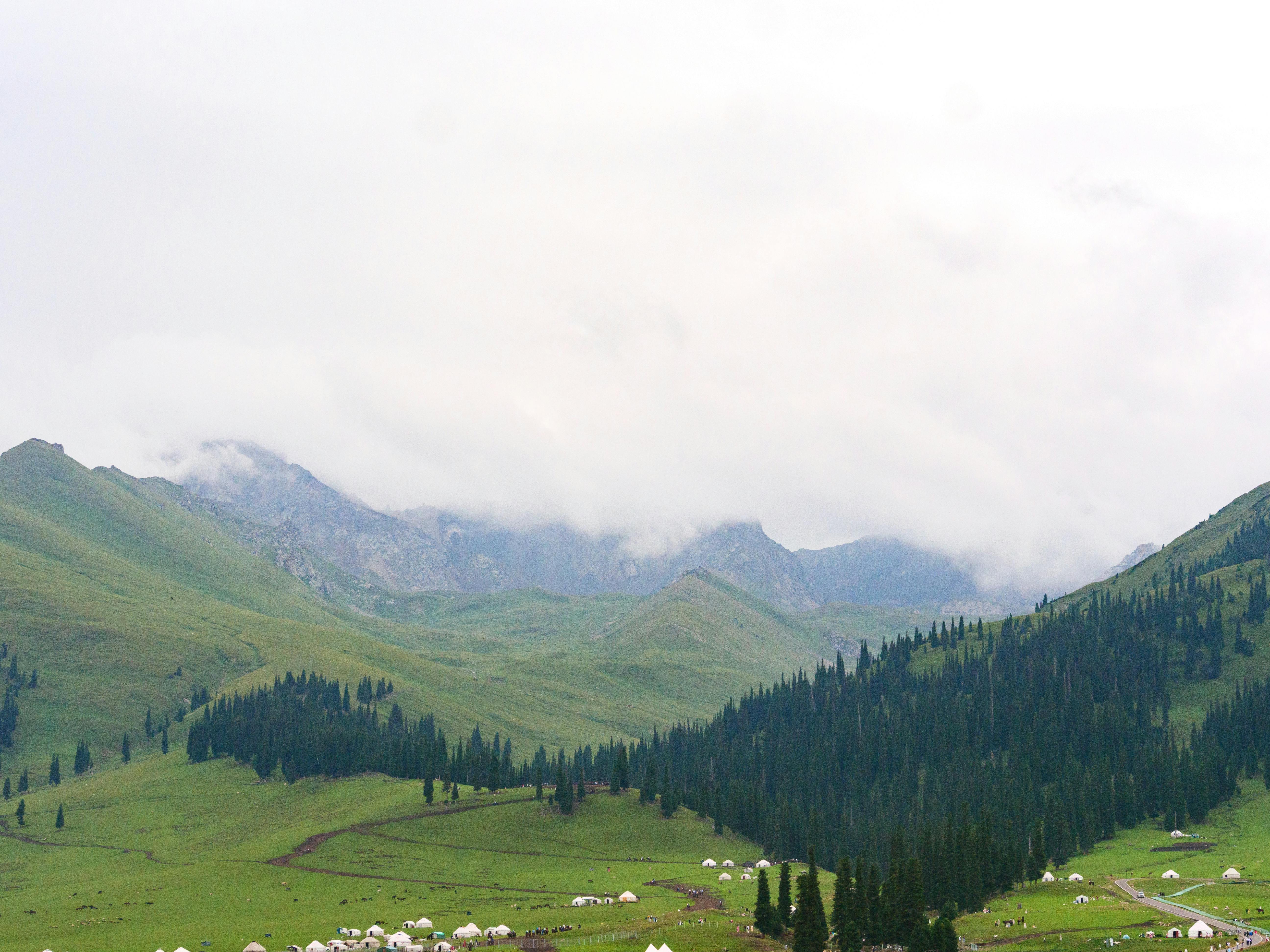 Scenic View of Xinjiang Grasslands with Mountains