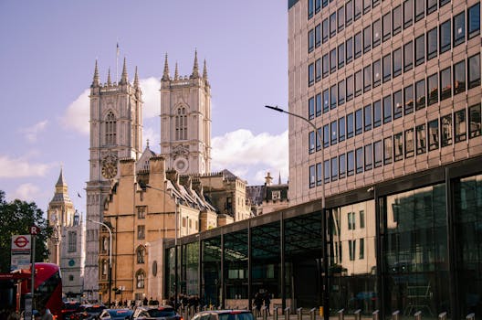 A vibrant view of Westminster Abbey and a bustling urban street in London.