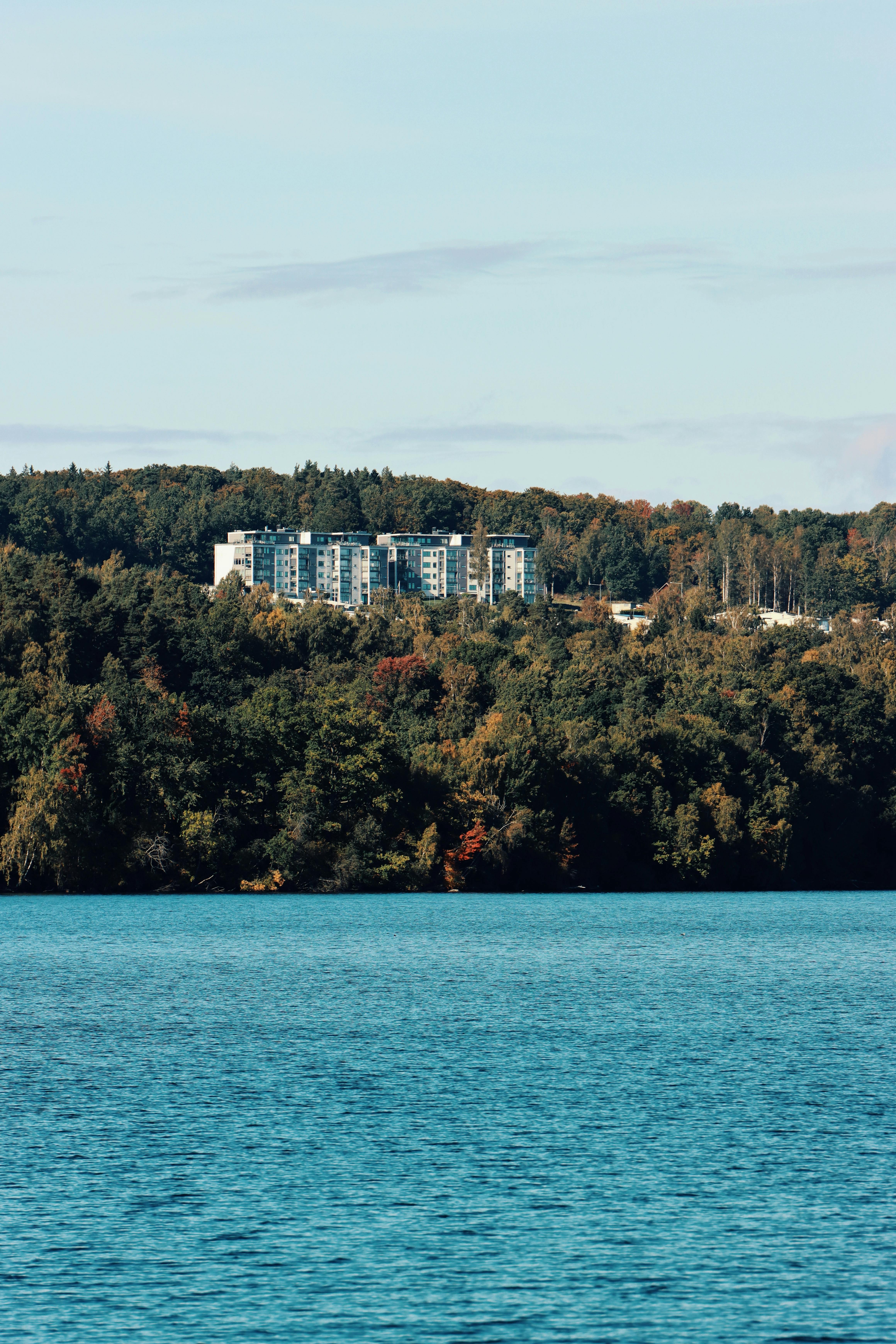 scenic blue lake and forest in jonkoping sweden