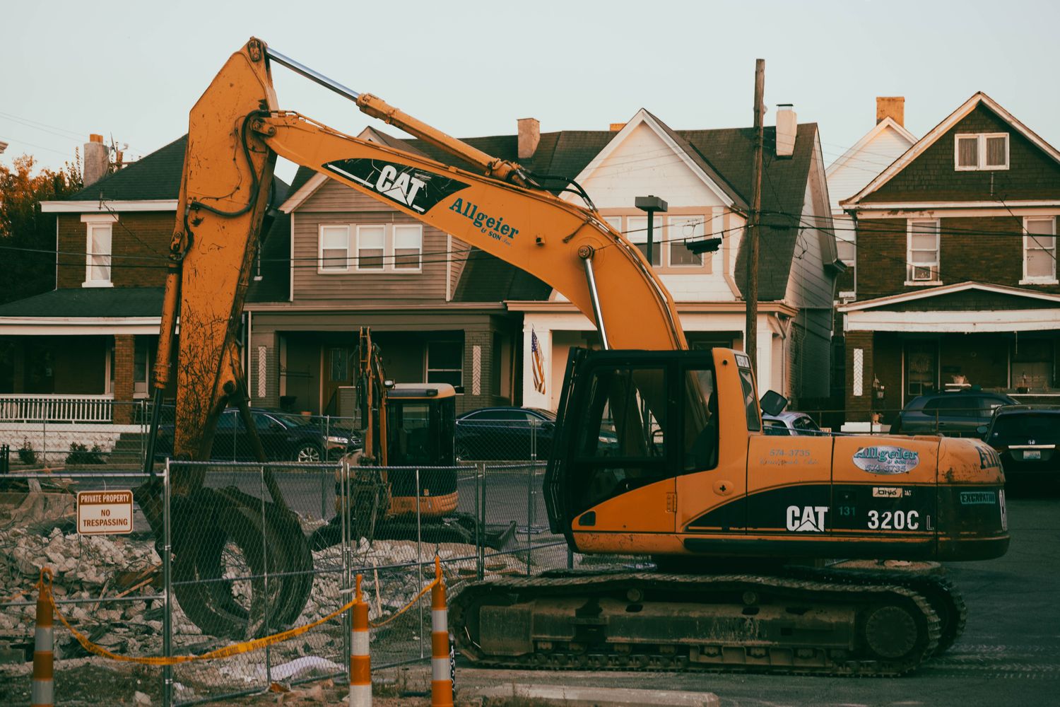 Excavator on residential construction site